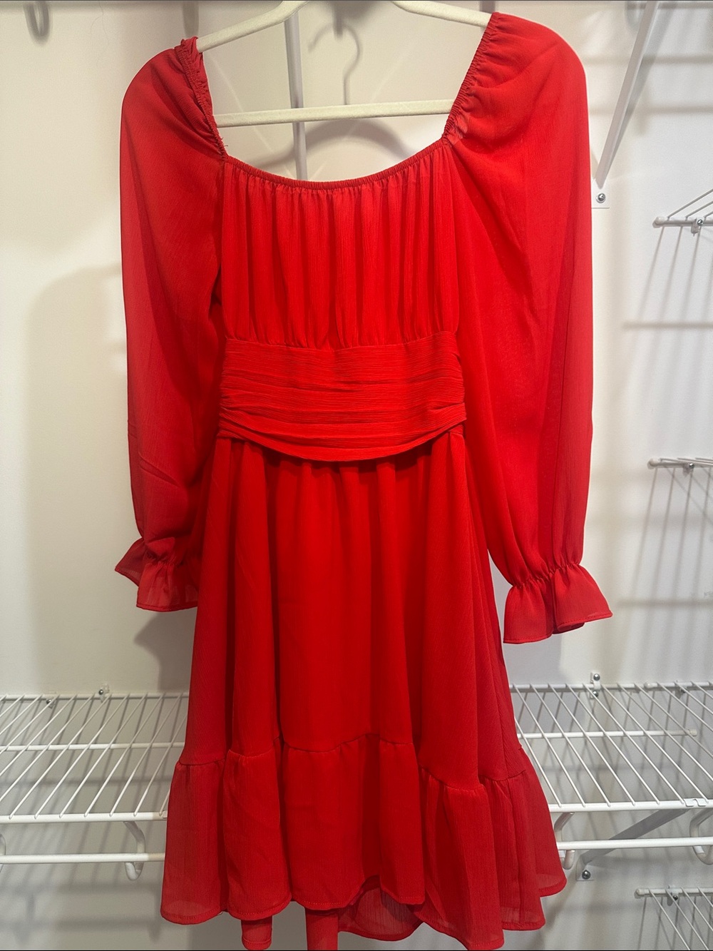 Red Long-Sleeve Mini Dress with Ruched Waist